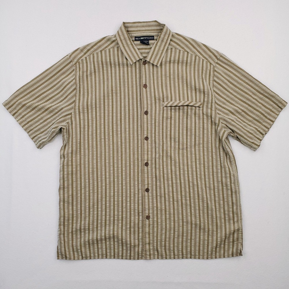 Exofficio Shirt Mens Extra Large Green Brown Check Seersucker Lightweight